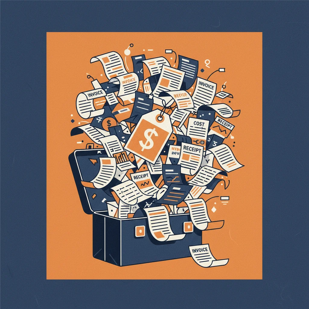 Editorial illustration of a low price tag attached to a tangle of hidden invoices and cost receipts spilling from a briefcase